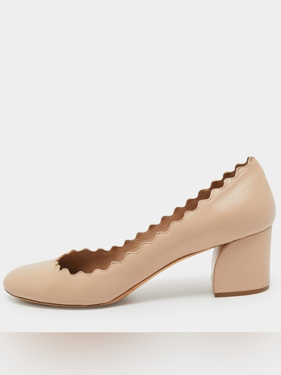 Chloe Shoes - Chloé Lauren Scalloped Edge Block Heel Leather Pumps in nude taupe size 38.5